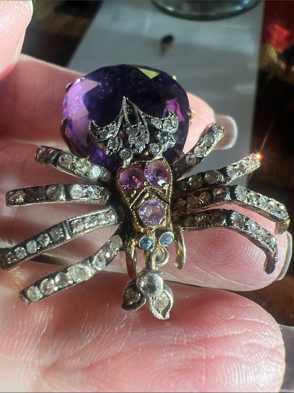 Antique SPIDER PENDANT 47.7ct Amethyst, Diamond, Blue & Pink Sapphire Gemstones - Picture 15 of 15